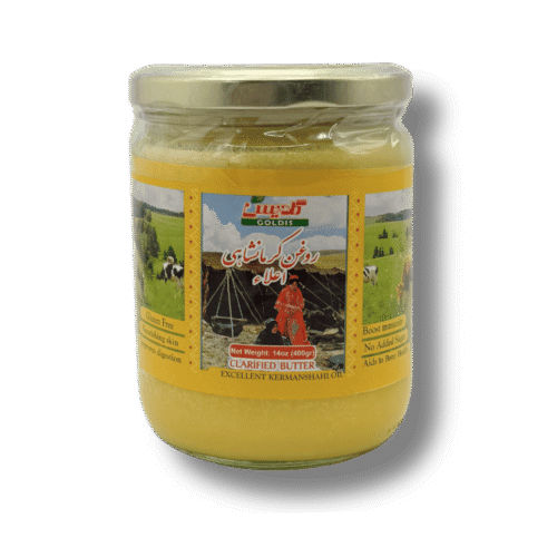 Goldis clarified butter Kermanshahi ghee in glass jar