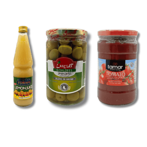 Kitchen essentials bundle with lemon juice, olives in brine, and tomato paste