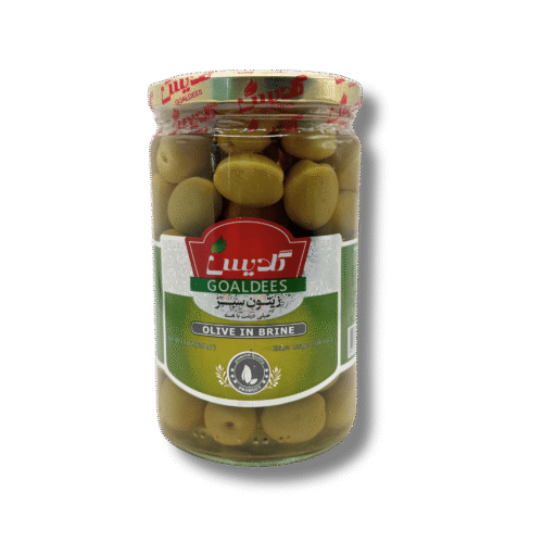 Green olives in brine jar 32 oz front view